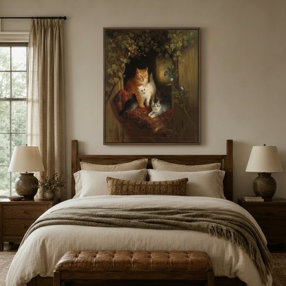 Victorian cat family oil painting canvas above bed – cozy warm-toned bedroom wall art by Aurewall