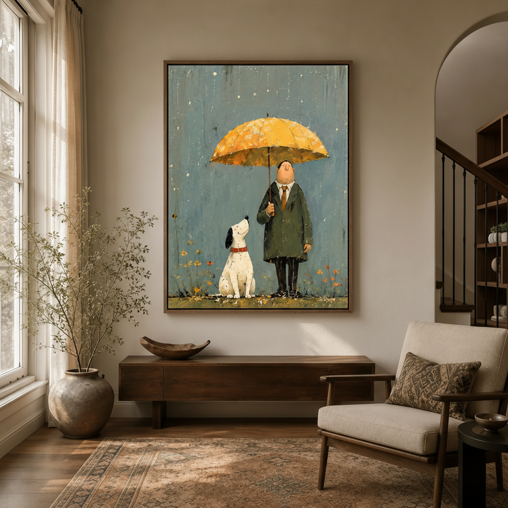 Dog lover wall art of man with yellow umbrella and white dog styled in warm neutral living room