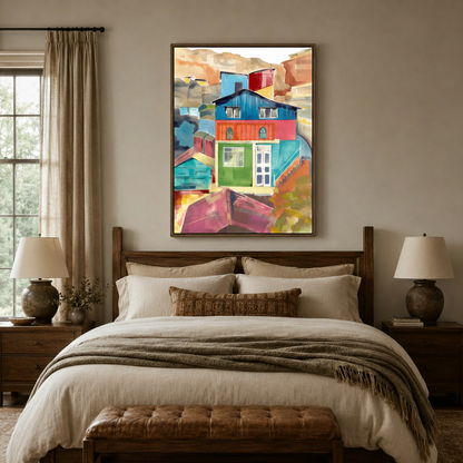 Watercolor architecture wall art centered above bed headboard in cozy bedroom interior