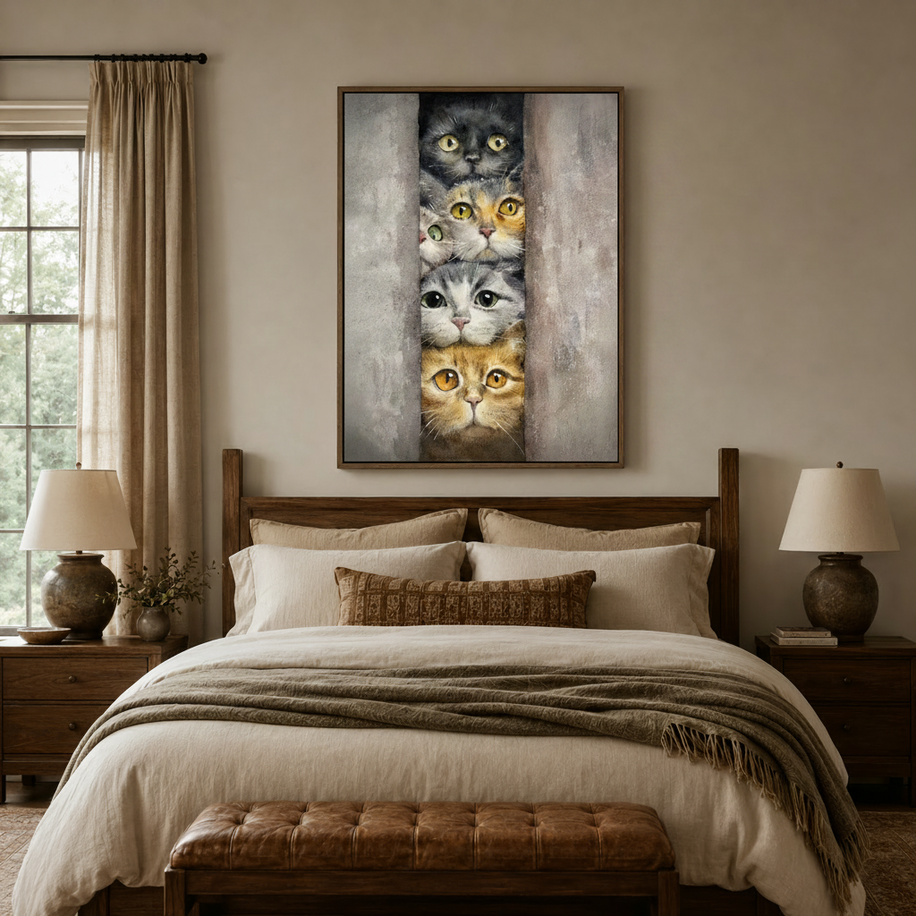Stacked cat portrait watercolor art above a linen bed in a serene bedroom setting