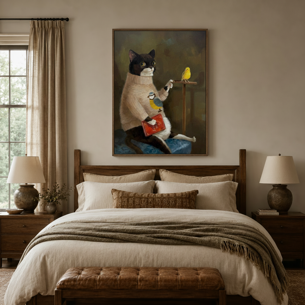 Whimsical cat and bird oil painting framed canvas wall art above bed – classical style bedroom decor by Aurewall