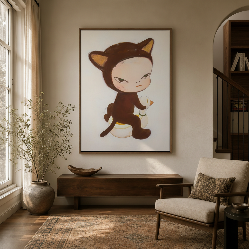 Character wall art of girl in cat costume riding duck, styled in warm living room setting