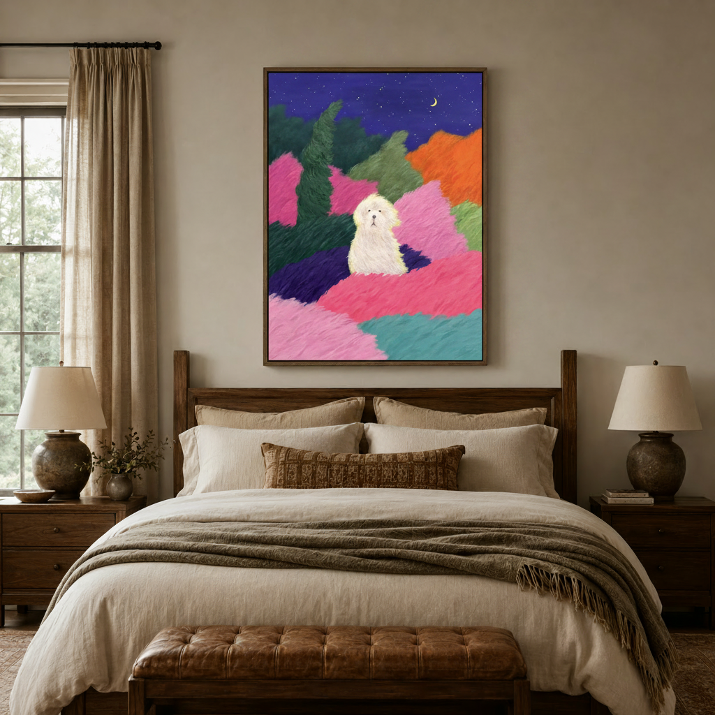 Colorful dreamy dog canvas wall art above a linen bed in a cozy neutral bedroom
