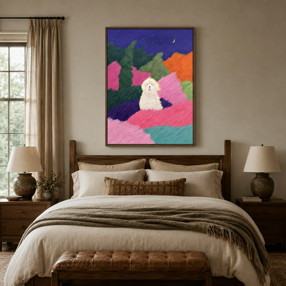 Colorful dreamy dog canvas wall art above a linen bed in a cozy neutral bedroom
