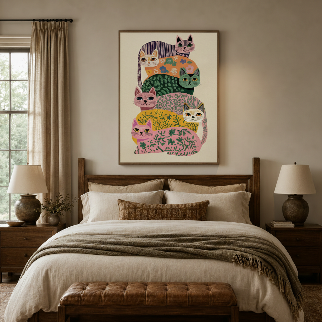 Folk art botanical cat canvas print above bed in cozy neutral bedroom with linen bedding
