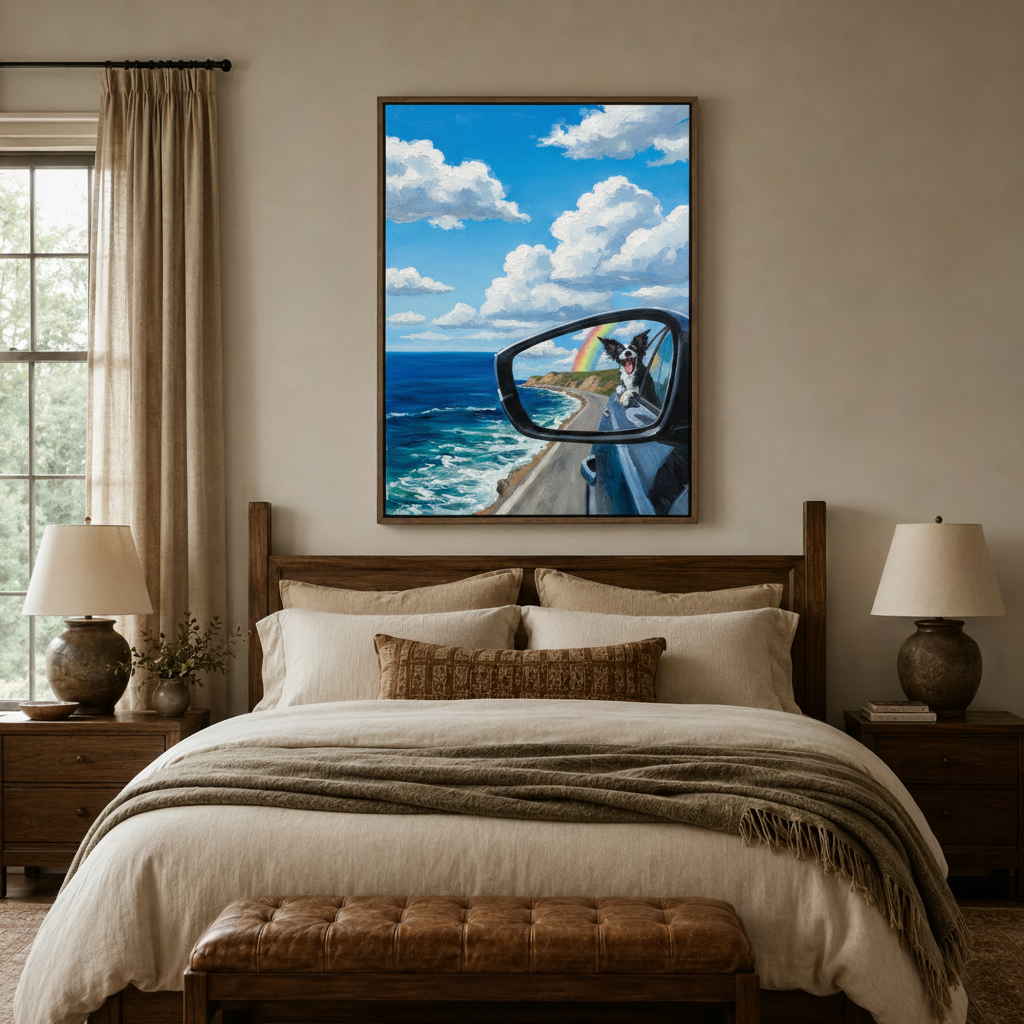 Vibrant Border Collie road trip canvas print centered above bed headboard in cozy bedroom interior