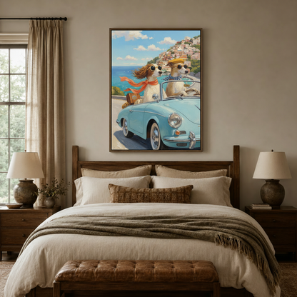 Vibrant dog road trip oil painting canvas print styled above a bed in a cozy neutral bedroom