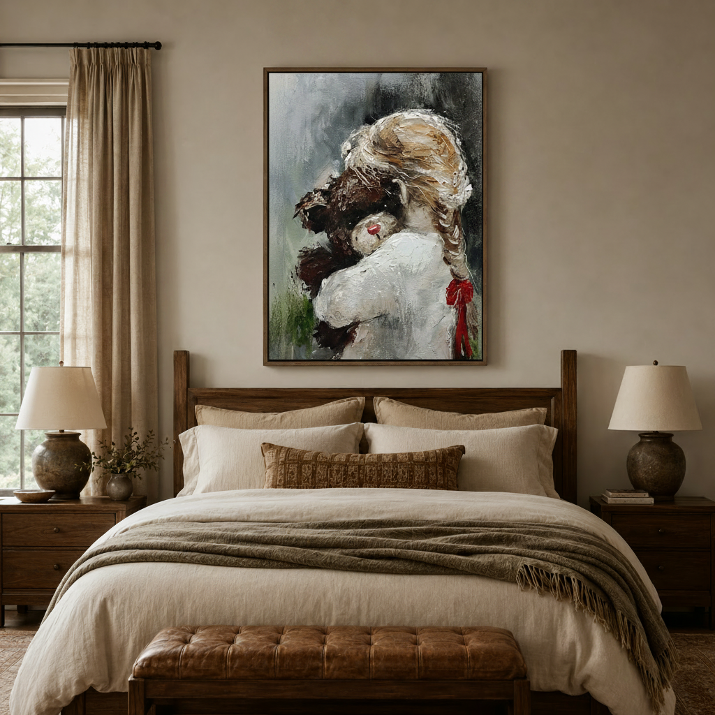 Textured impasto girl embracing dog wall art displayed above a rustic wooden bed in a cozy neutral bedroom