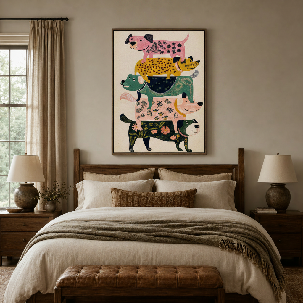 Folk art dog canvas wall art centered above bed in cozy neutral bedroom