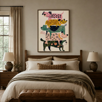 Folk art dog canvas wall art centered above bed in cozy neutral bedroom