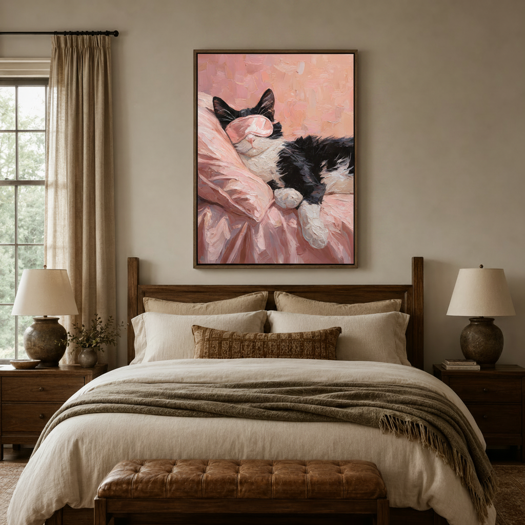 Cozy sleeping cat canvas art above bed in neutral bedroom — perfect cat lover bedroom decor