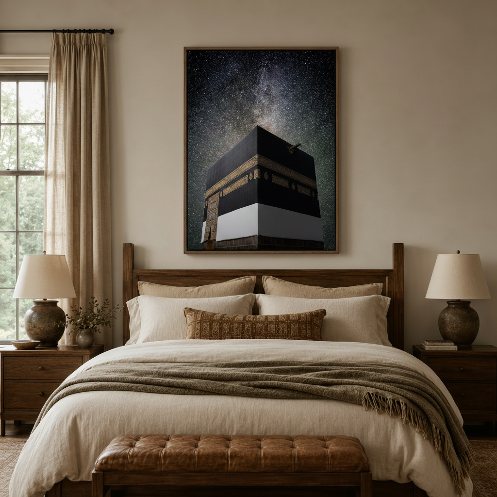 Kaaba starry night canvas above bedroom headboard, dramatic low-angle view, warm interior lighting