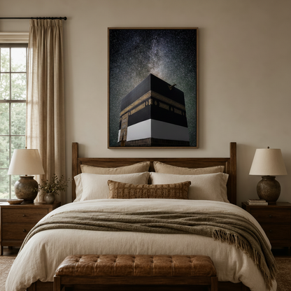 Kaaba starry night canvas above bedroom headboard, dramatic low-angle view, warm interior lighting
