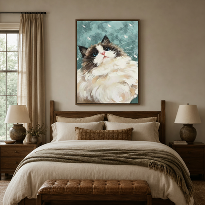 Expressive Ragdoll cat canvas wall art above a wooden bed in a cozy neutral bedroom
