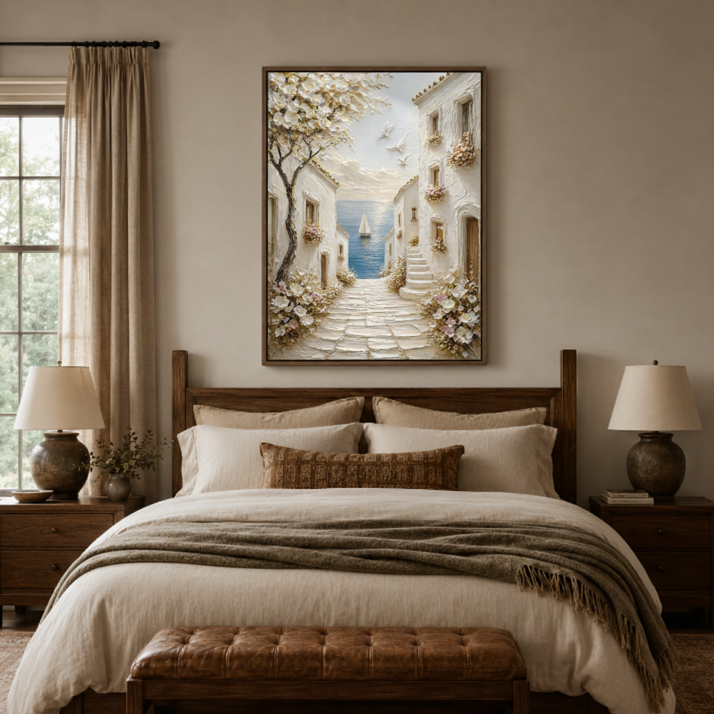 European village textured canvas print in bedroom – impressionist oil painting with white stone lane and blue door as dreamy wall decor above bed by Aurewall