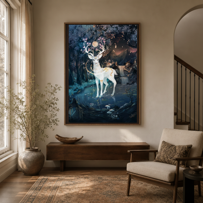 Mystical white stag fantasy canvas wall art in entryway – enchanted forest print as magical hallway statement piece by Aurewall