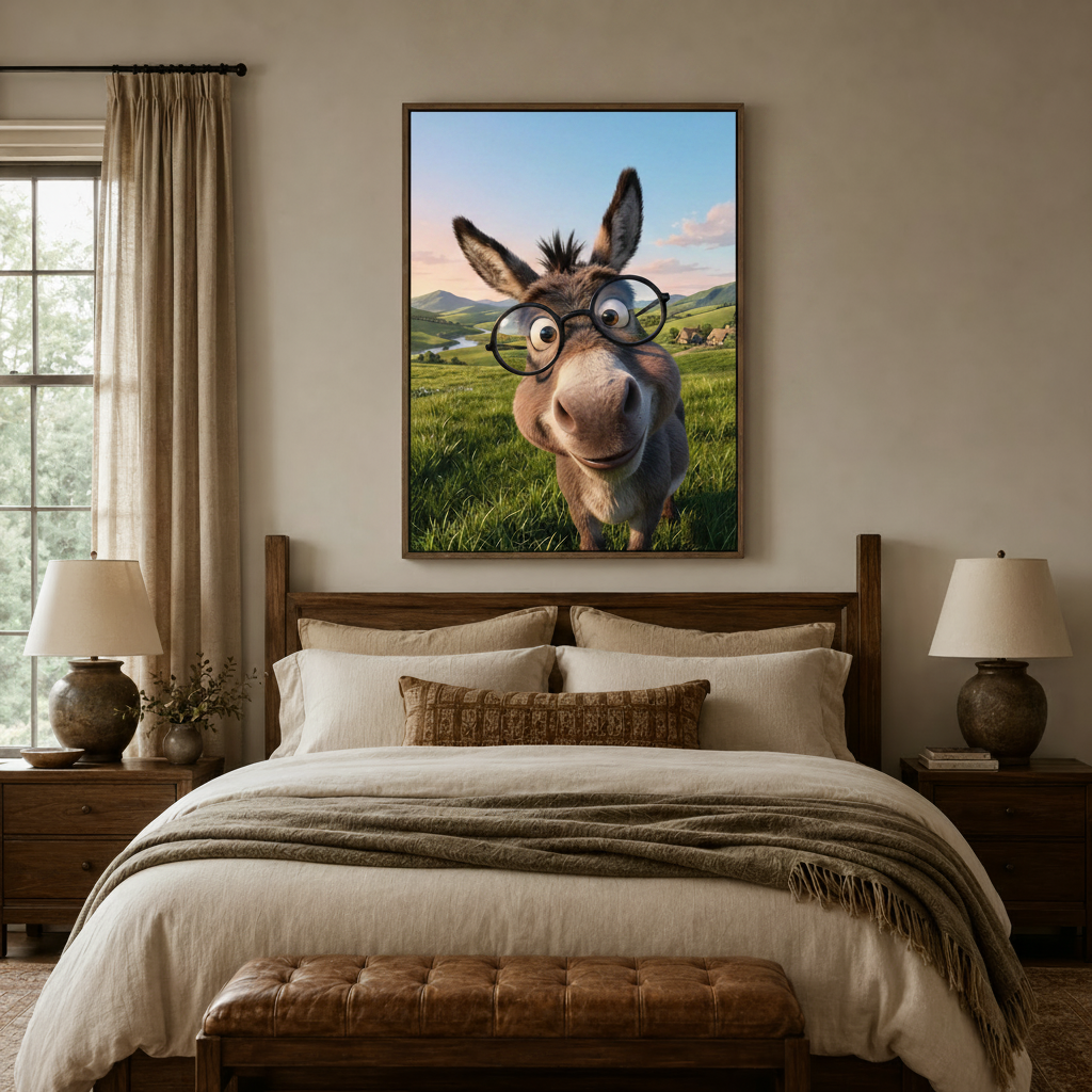 Humorous donkey animal canvas wall art above wooden bed in cozy neutral bedroom interior