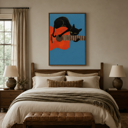 Bold black cat guitar canvas wall art above a bed in a cozy styled bedroom interior