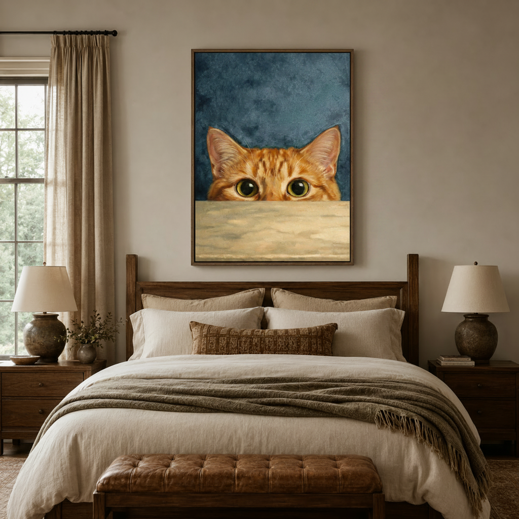 Funny peeking cat canvas print above dark walnut bed in cozy neutral bedroom, blue-grey background