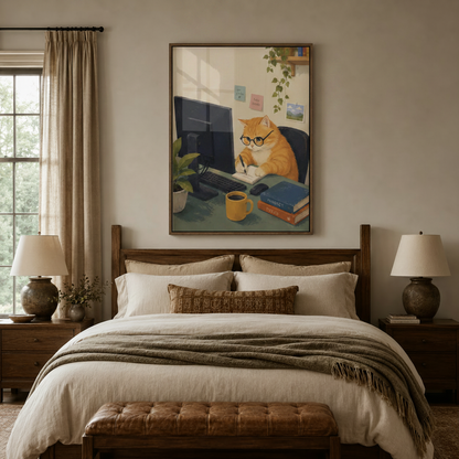 Office cat cozy illustration canvas in walnut frame centered above bed in bedroom
