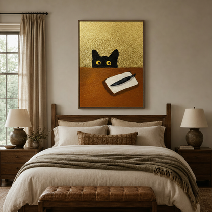Quirky peeking cat canvas art above bed in cozy neutral bedroom with warm ambient lighting