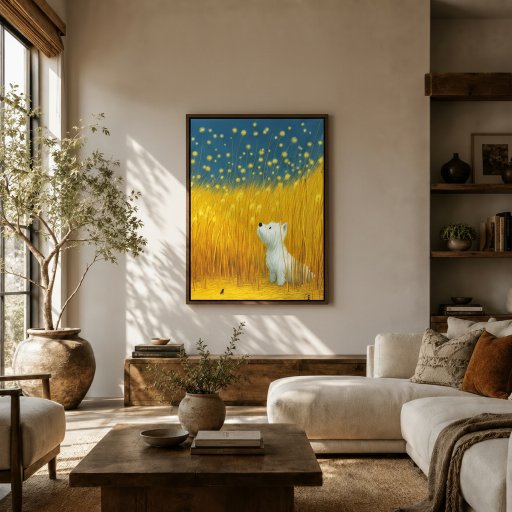 Dreamy white dog in golden grass art print displayed in warm neutral Japandi living room