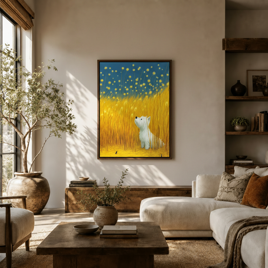 Dreamy white dog in golden grass art print displayed in warm neutral Japandi living room