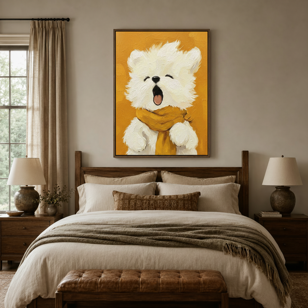 Cute yawning dog impasto canvas print styled above bed in warm bedroom interior