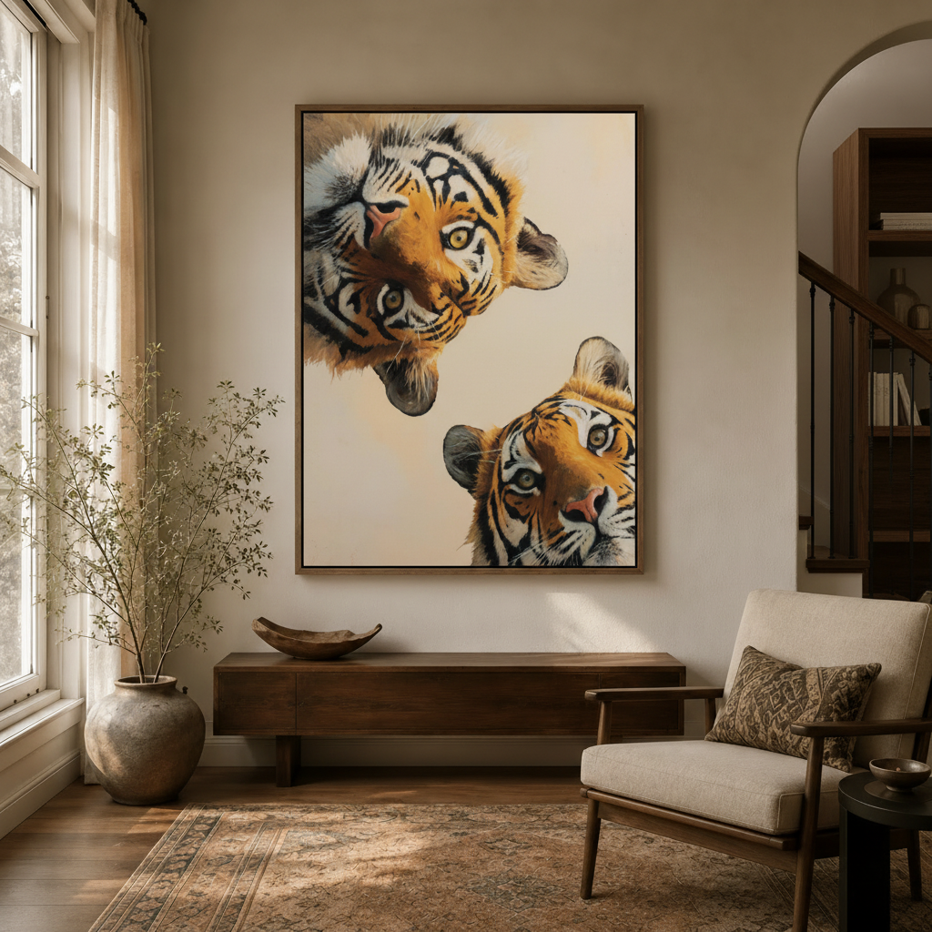 Bold tiger wall art in float frame with two tigers face-to-face styled in neutral living room