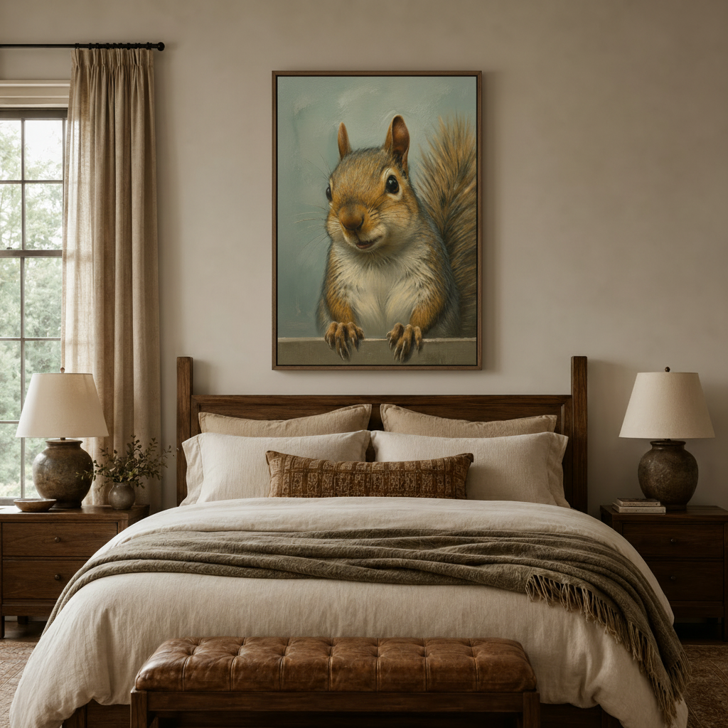 Animal oil painting wall art above a bed in a cozy neutral bedroom with linen bedding