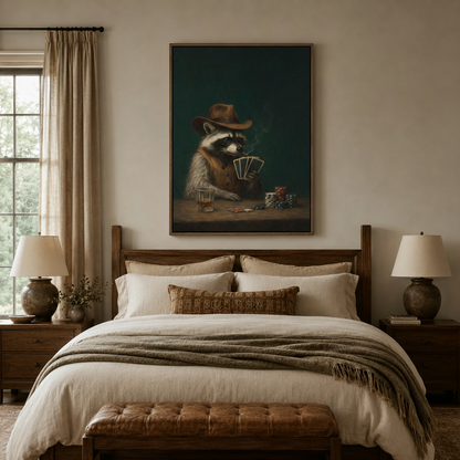 Moody raccoon poker canvas painting above bed in cozy neutral bedroom with wooden nightstands