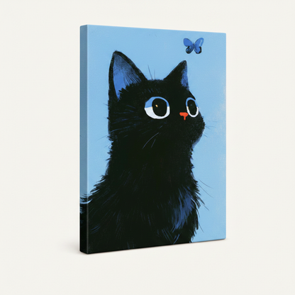 Gallery wrap canvas print of a black cat naive illustration shown at angle on white background