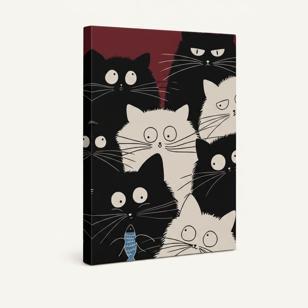Stretched canvas wrap of black and white cat illustration, angled product view