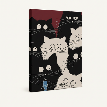 Stretched canvas wrap of black and white cat illustration, angled product view
