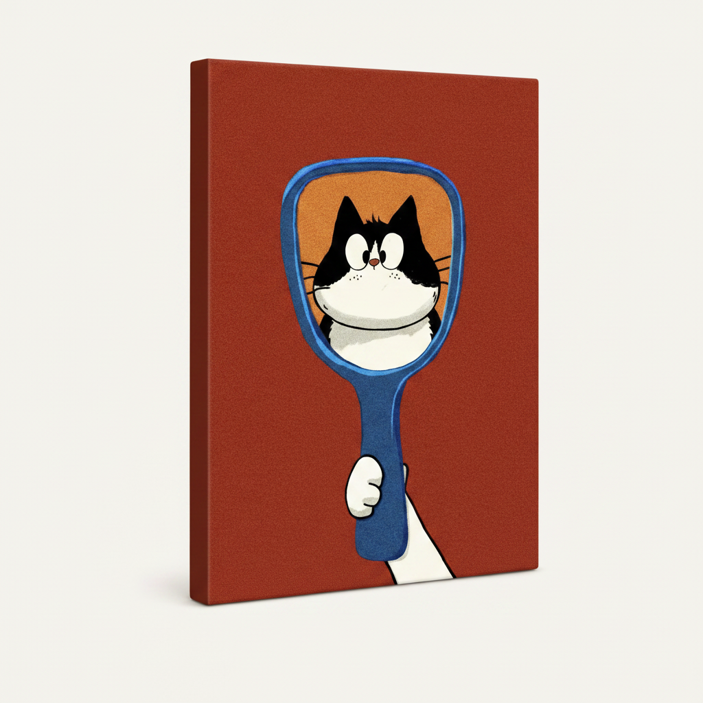Stretched canvas wrap of retro cat mirror illustration, angled view with solid red edges