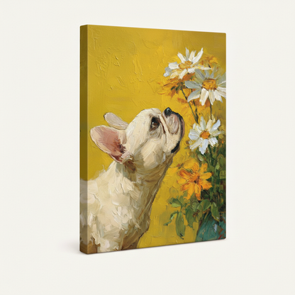  Stretched canvas wrap of French Bulldog daisy oil painting, angled view with golden side edges