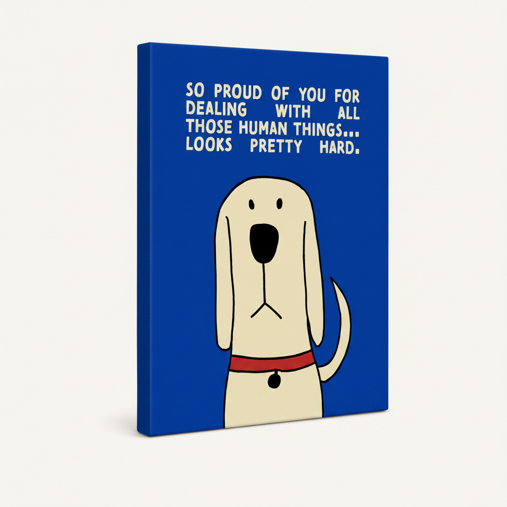 Stretched canvas wrap of cartoon dog quote print, angled view with royal blue side edges