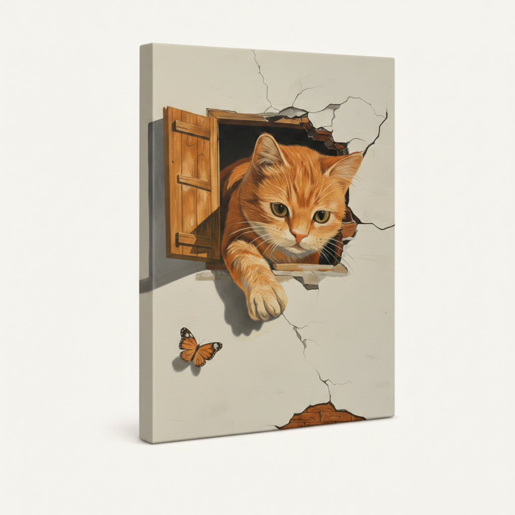 Stretched canvas wrap of cat breaking through cracked wall, angled product view