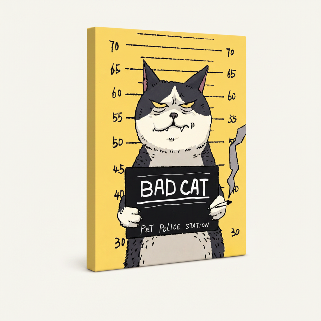 Stretched canvas wrap of Bad Cat cartoon mugshot, angled view with bright yellow side edges