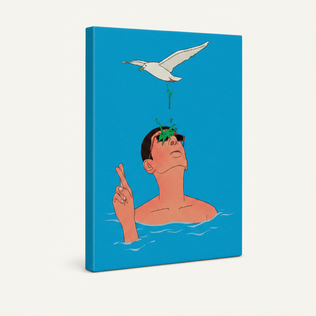 Stretched canvas wrap of seagull luck illustration, angled view with solid cyan side edges