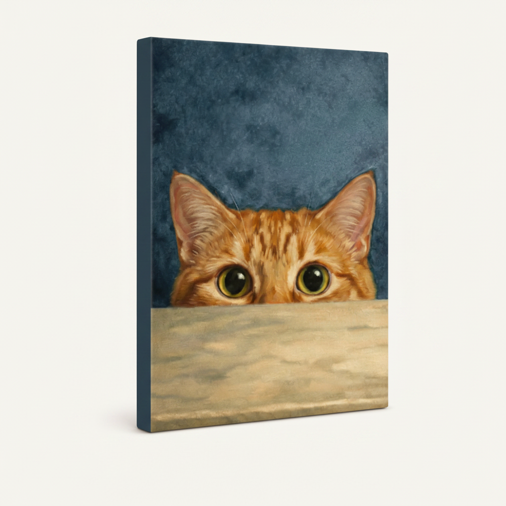 Stretched canvas wrap of peeking cat oil painting, angled view showing deep blue-grey side edges