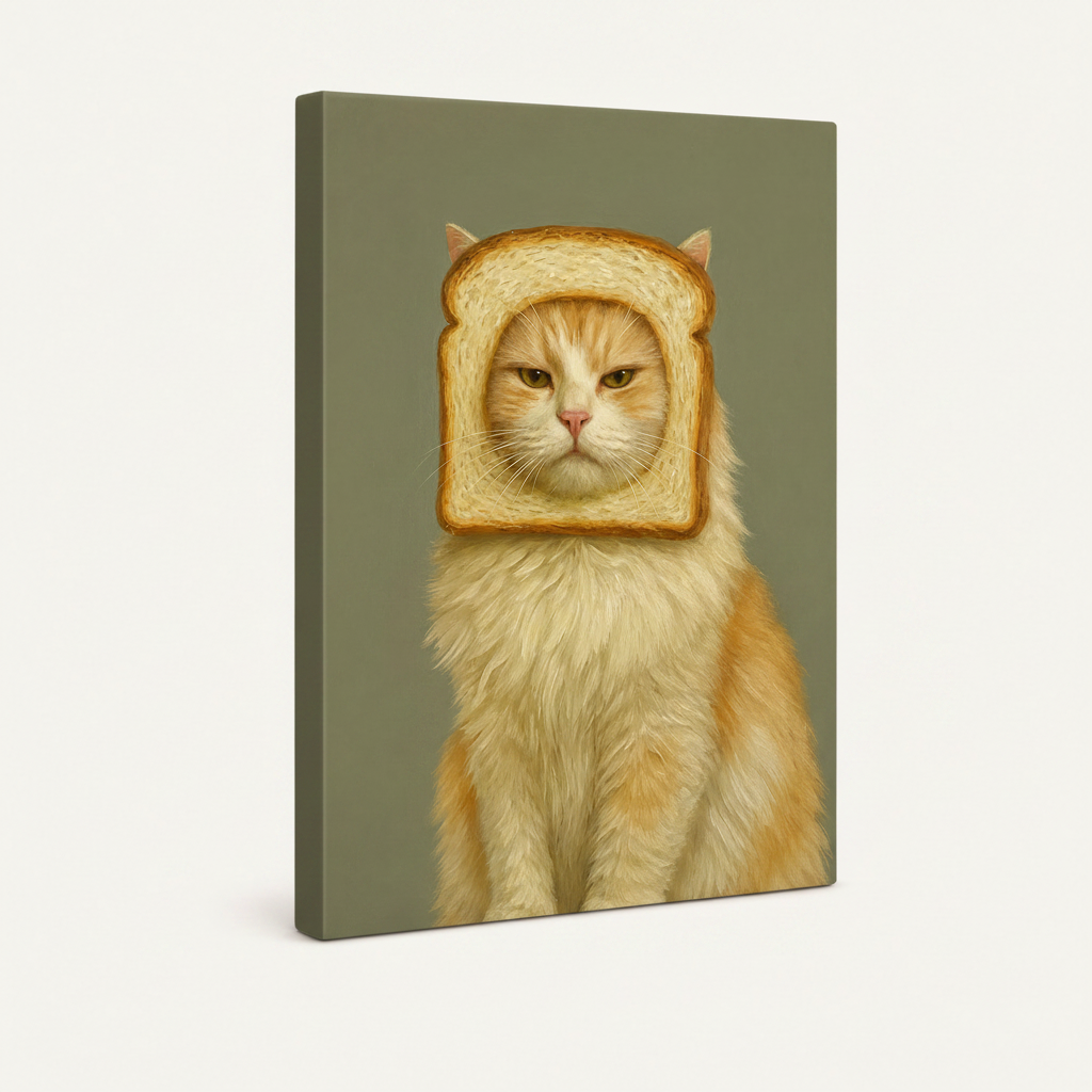  Stretched canvas wrap of bread cat oil painting, angled view with olive-grey side edges