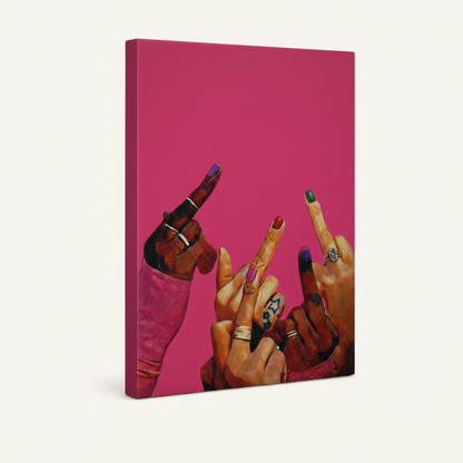 Stretched canvas wrap of diverse hands painting, angled view showing magenta side edges