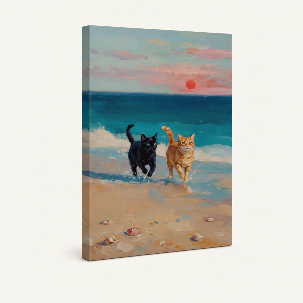  Stretched canvas wrap of beach cats impasto painting, angled view with solid color edges