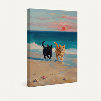  Stretched canvas wrap of beach cats impasto painting, angled view with solid color edges