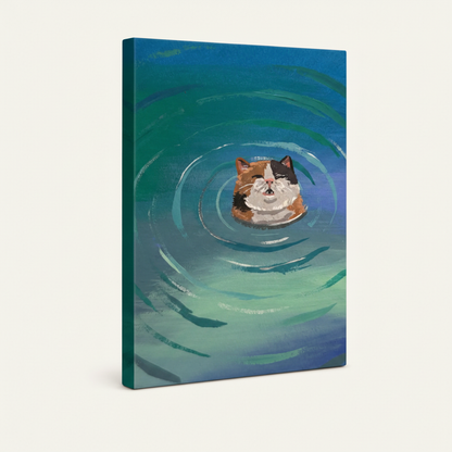 Gallery-wrap stretched canvas of swimming calico cat, angled view showing teal-green side edges