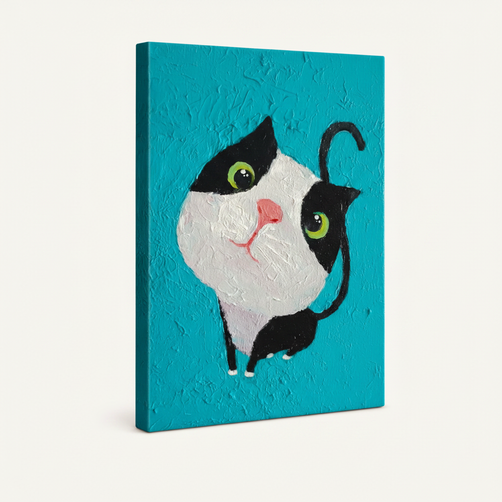 Stretched canvas wrap of tuxedo cat impasto painting on teal background, angled view