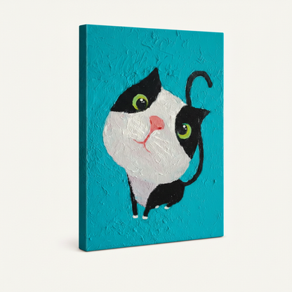 Stretched canvas wrap of tuxedo cat impasto painting on teal background, angled view