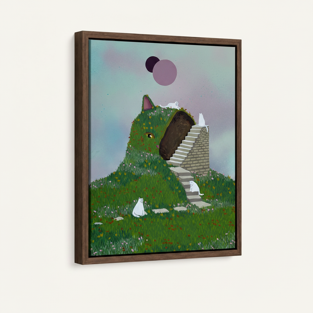 Whimsical cat hill float frame canvas art on white background, portrait orientation, dark walnut frame