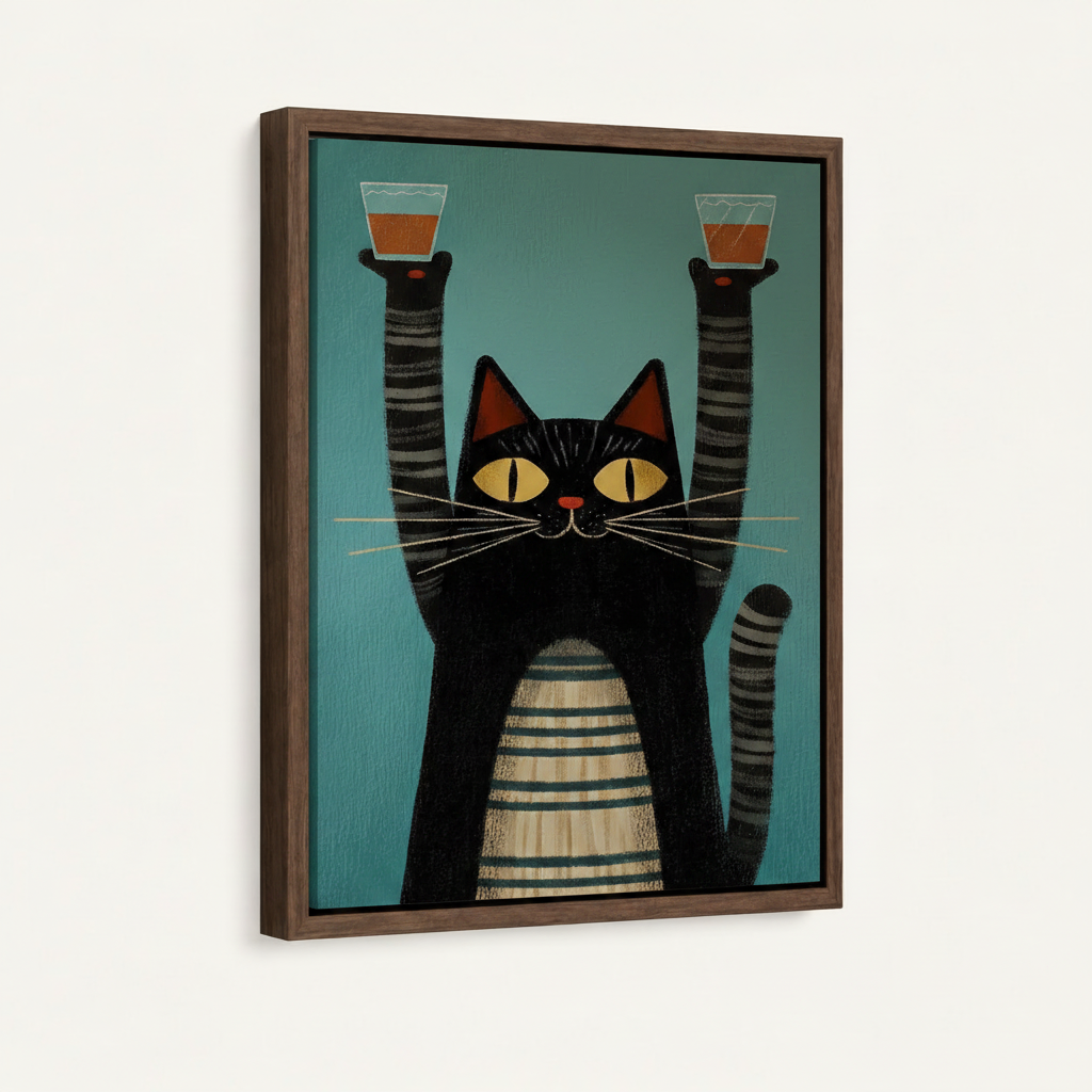 Retro striped cat whiskey illustration in natural walnut float frame, angled product view